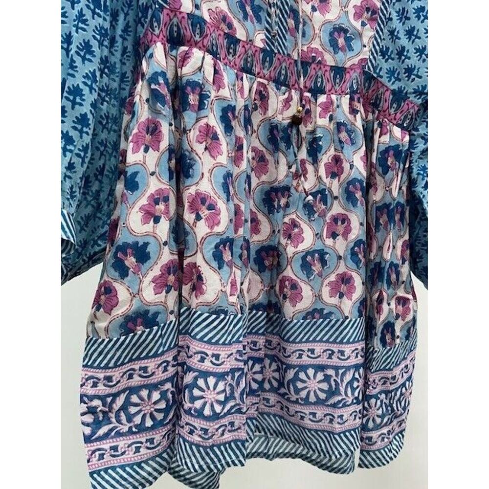 Oliphant Mini Dress Long Balloon Sleeves Tie Front Floral Fern‎ Blue Small NWT - Picture 3 of 12